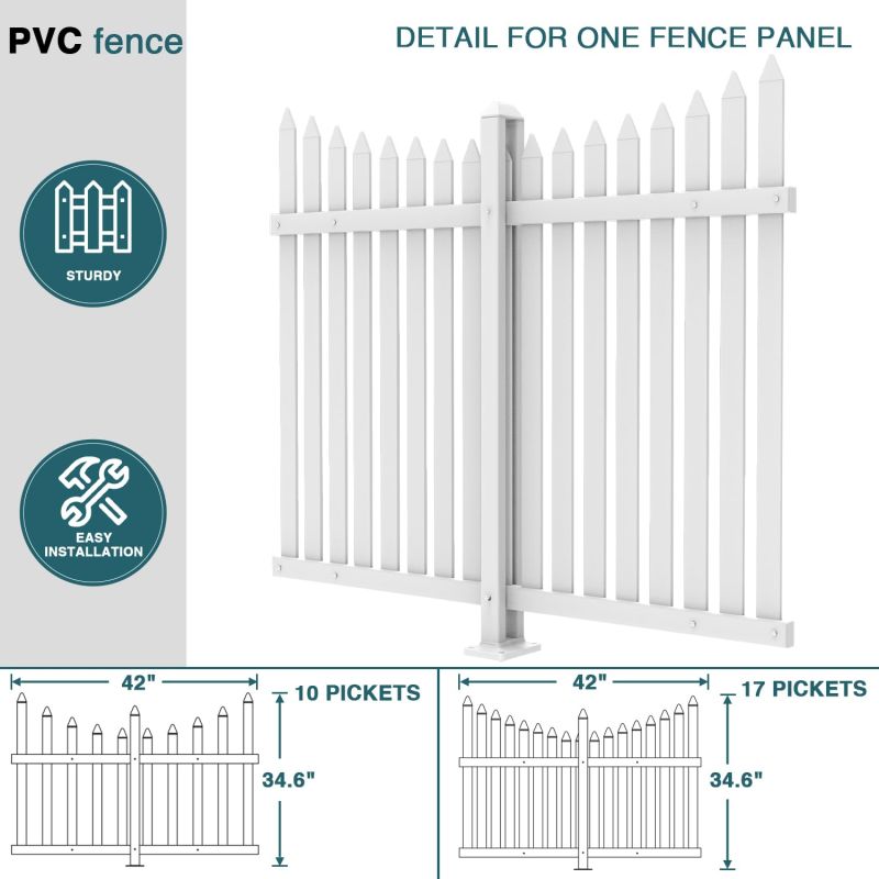 ECOOPTS 1 Set 34.6" Hx84 W Vinyl Picket Fence Panels White Decorative Fence for Porch Yard Garden Patio Walkways Pool (34 Pickets, Scalloped)