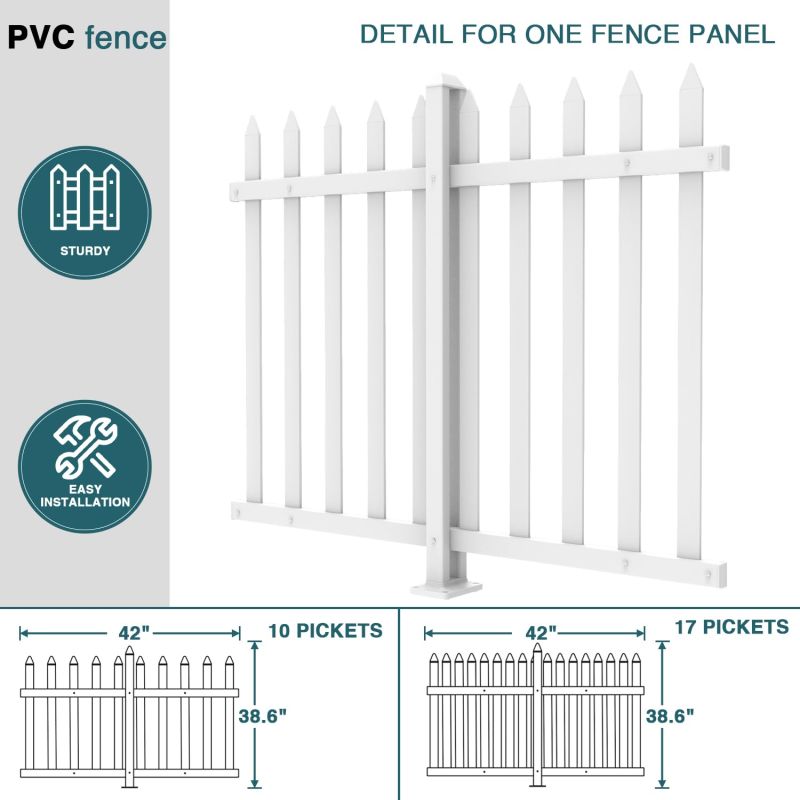 ECOOPTS 1 Set 38.6" Hx84 W Vinyl Picket Fence Panels White Decorative Fence for Porch Yard Garden Patio Walkways Pool (20 Pickets, Straight)