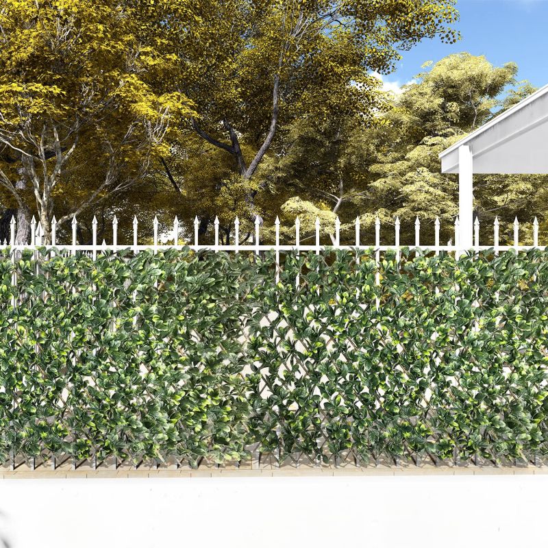 Stretchable Artificial Buxus Leaf Faux Ivy Privacy Fence Screen, Expandable Decorative Fencing Panel for Balcony Patio Outdoor (Single Sided Ficus Leaves)