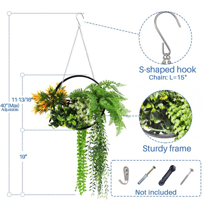 ECOOPTS 1 PC Artificial Hanging Plants with Black Frame Faux Plants with S-Shaped Hooks for Indoor Outdoor Garden Home Bathroom Living Room Wall Decor (Green Orange)