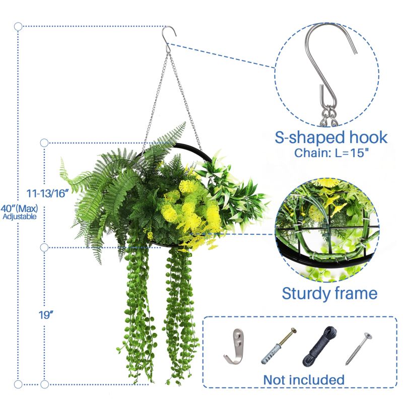 ECOOPTS 1 PC Artificial Hanging Plants with Black Frame Faux Plants with S-Shaped Hooks for Indoor Outdoor Garden Home Bathroom Living Room Wall Decor (Green Yellow)