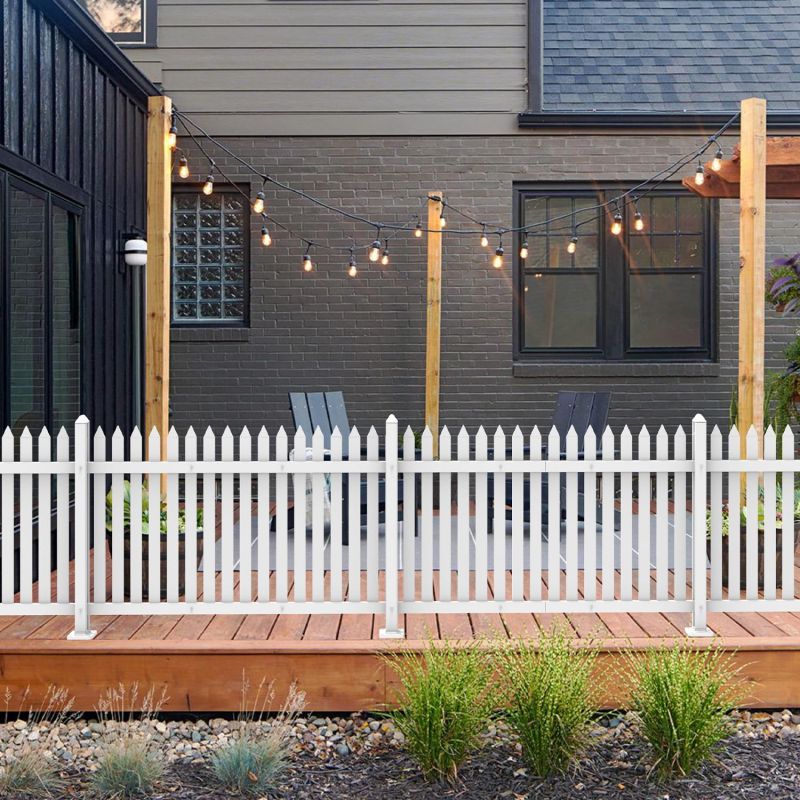 ECOOPTS 1 Set W84 x H30 Vinyl Picket Fence Panels White Decorative Fence for Garden Patio Yard Pool Walkways Suit for Concrete Ground (34 Pickets, Straight)