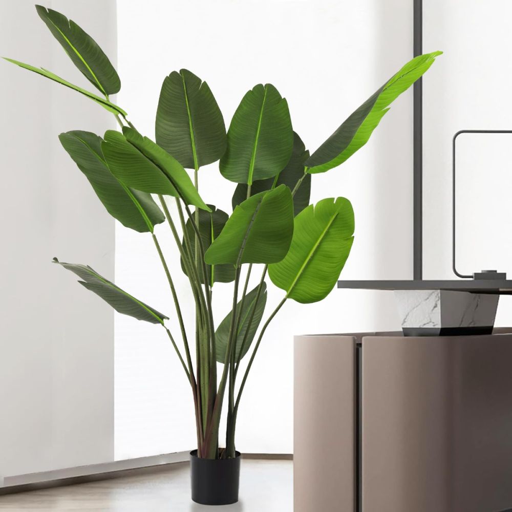 ECOOPTS Artificial Bird of Paradise Tree Fake Palm Trees with Plastic Nursery Pot Fake Silk Banana Tree for Indoor Outdoor (1 Pack)