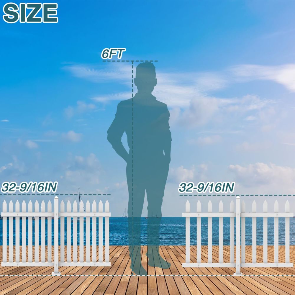 ECOOPTS 1 Set W84 x H30 Vinyl Picket Fence Panels White Decorative Fence for Garden Patio Yard Pool Walkways Suit for Concrete Ground (34 Pickets, Straight)