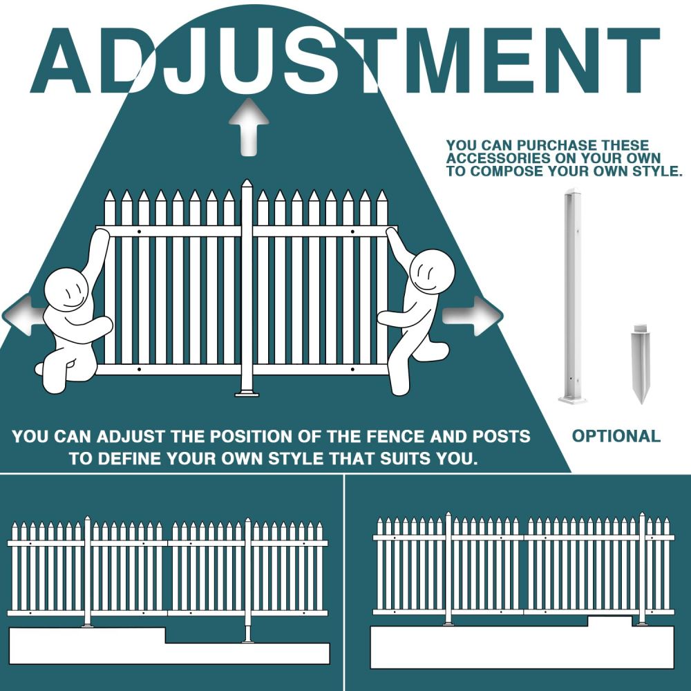 ECOOPTS 1 Set W84 x H30 Vinyl Picket Fence Panels White Decorative Fence for Garden Patio Yard Pool Walkways Suit for Concrete Ground (34 Pickets, Straight)