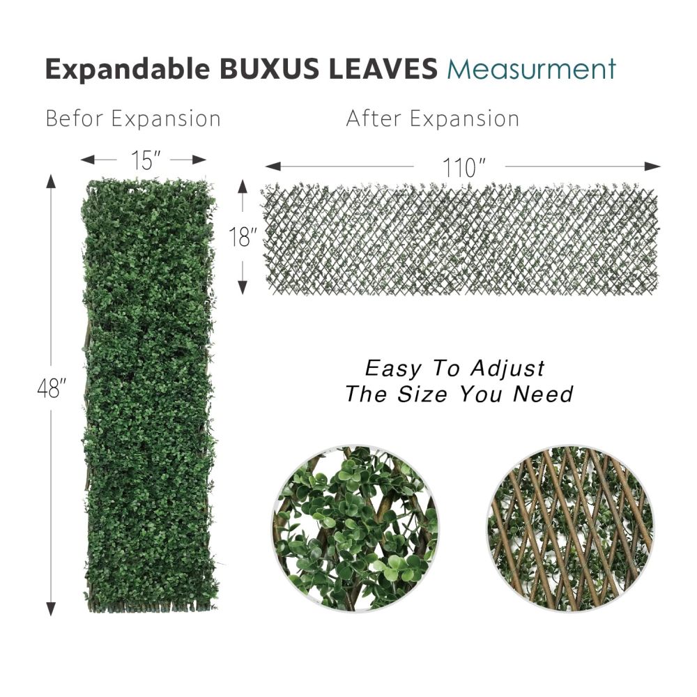 Stretchable Artificial Buxus Leaf Faux Ivy Privacy Fence Screen, Expandable Decorative Fencing Panel for Balcony Patio Outdoor (Single Sided Buxus Leaves)
