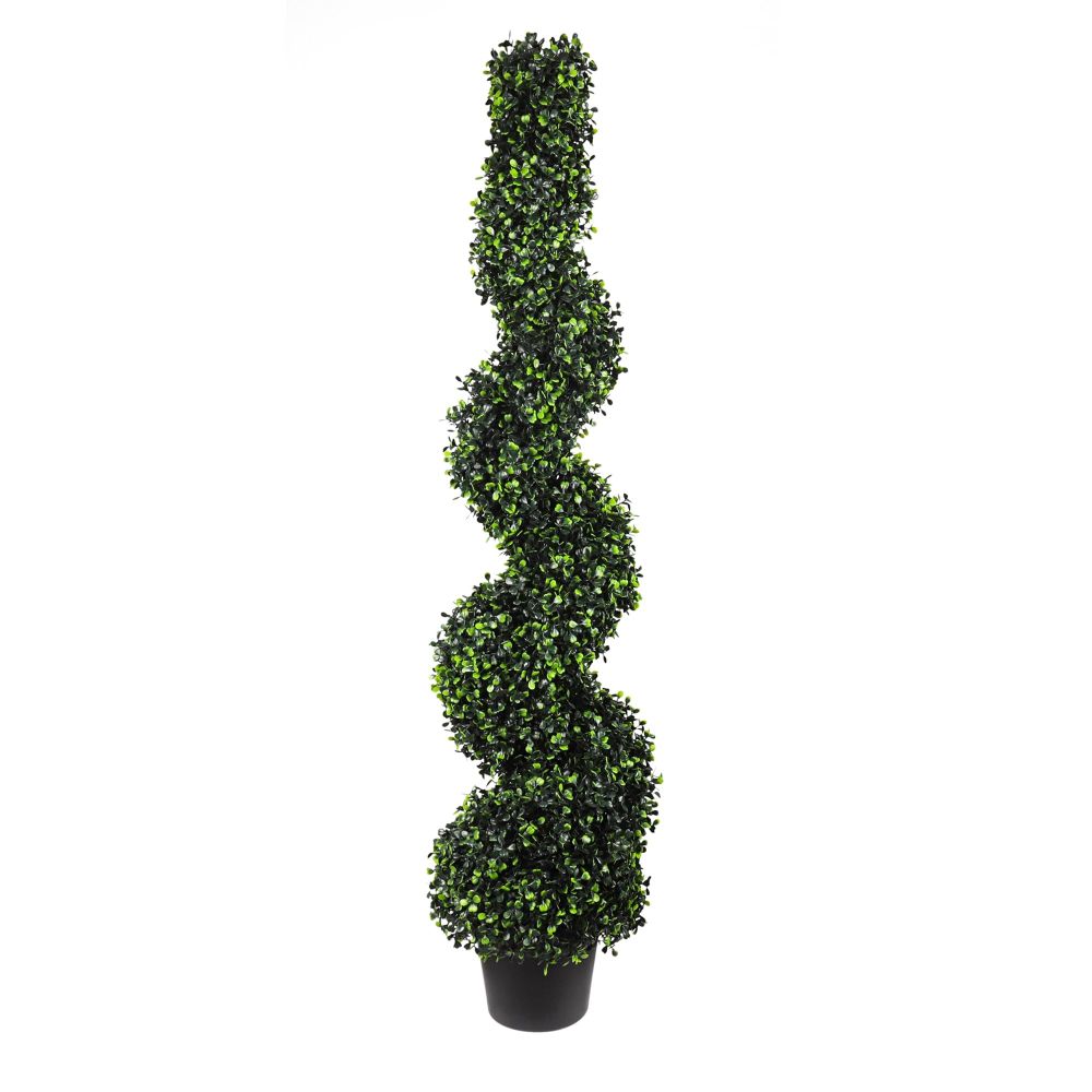 ECOOPTS 4FT Artificial Boxwood Spiral Topiary Trees Spiral Plants Faux Plant with Plastic Nursery Pot for Garden Indoor Outdoor Decor (1 Pack)