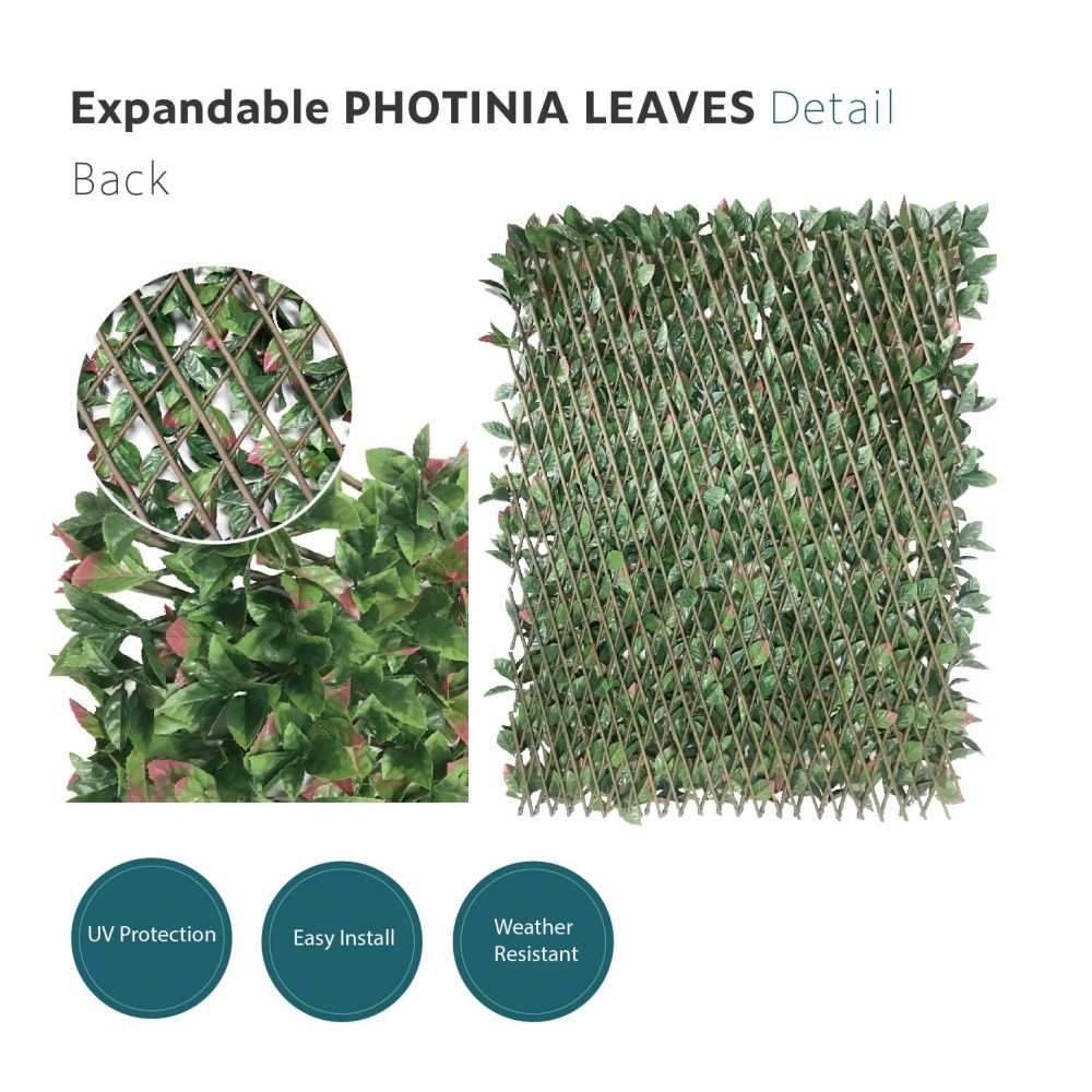 Expandable Artificial Photinia Leaf Faux Ivy Privacy Fence Screen, Stretchable Decorative Fencing Panel for Balcony Patio Outdoor (Single Sided Leaves)