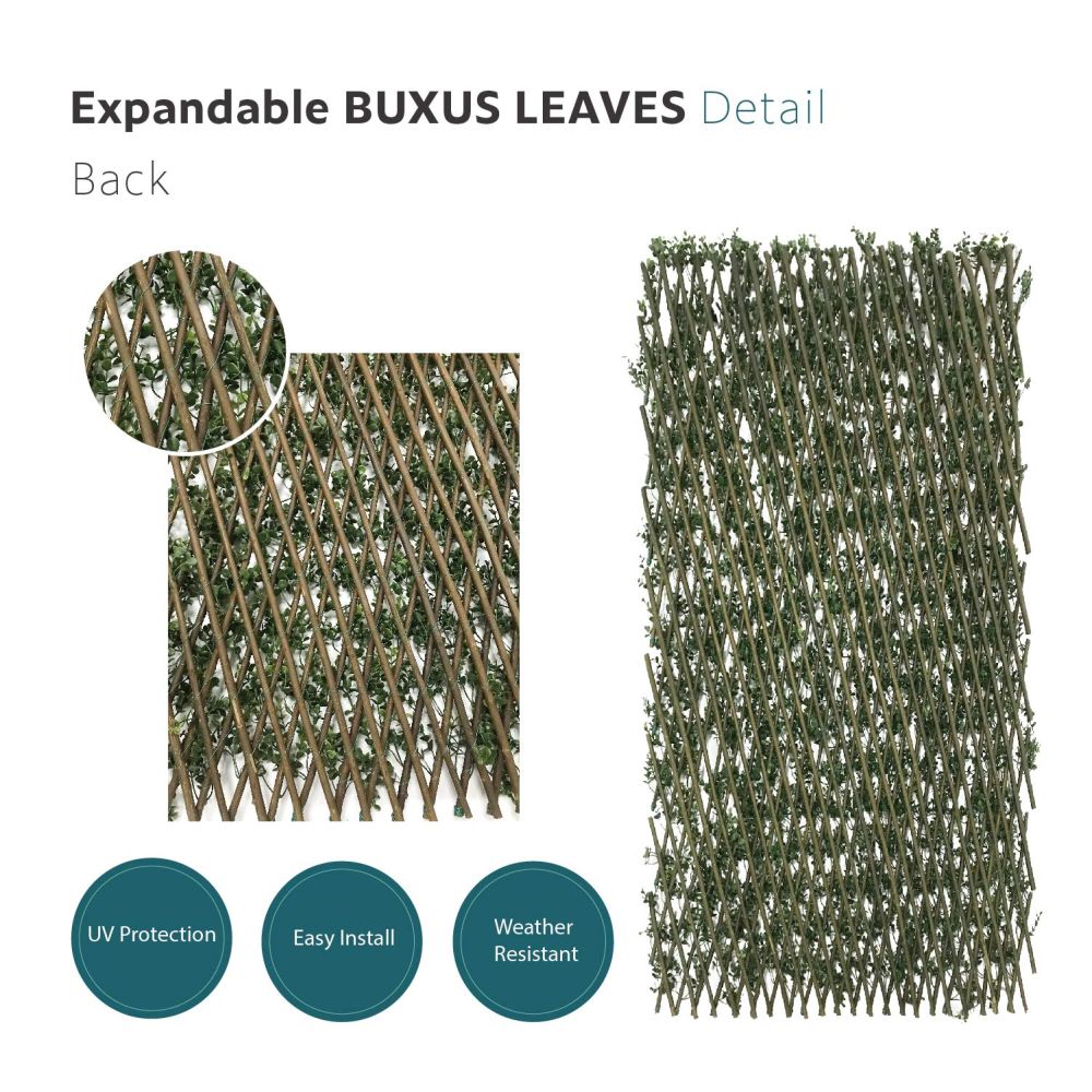 Stretchable Artificial Buxus Leaf Faux Ivy Privacy Fence Screen, Expandable Decorative Fencing Panel for Balcony Patio Outdoor (Single Sided Buxus Leaves)