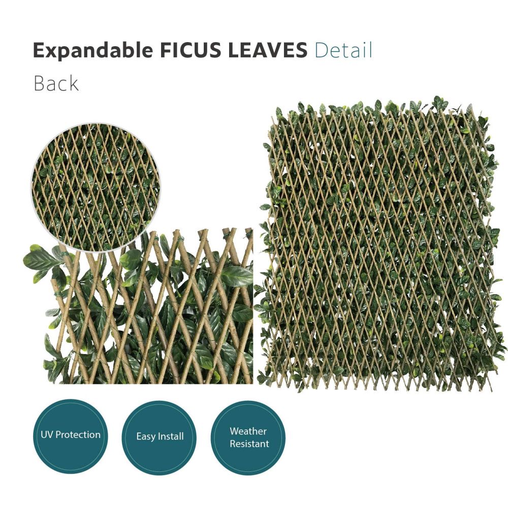 Stretchable Artificial Buxus Leaf Faux Ivy Privacy Fence Screen, Expandable Decorative Fencing Panel for Balcony Patio Outdoor (Single Sided Ficus Leaves)