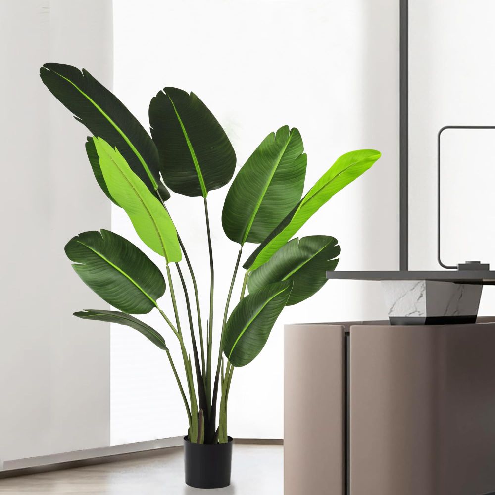 ECOOPTS 5FT Artificial Bird of Paradise Tree Fake Palm Trees with Plastic Nursery Pot Fake Silk Banana Tree for Indoor Outdoor (1 Pack)