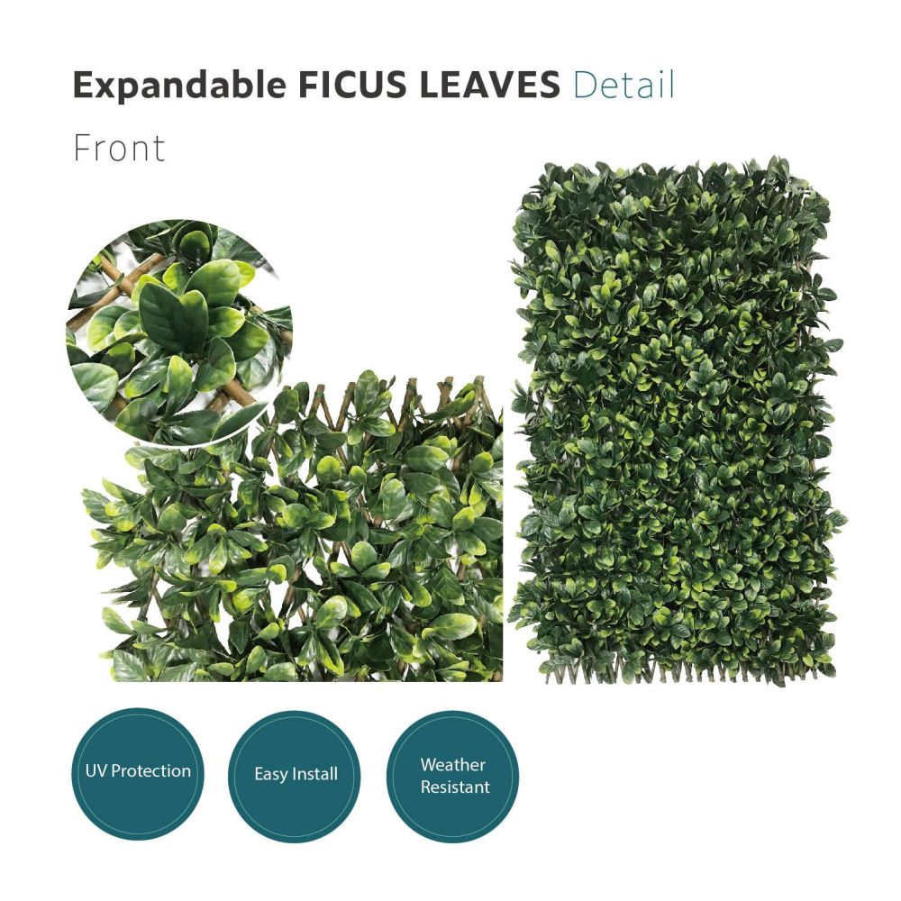 Stretchable Artificial Buxus Leaf Faux Ivy Privacy Fence Screen, Expandable Decorative Fencing Panel for Balcony Patio Outdoor (Single Sided Ficus Leaves)