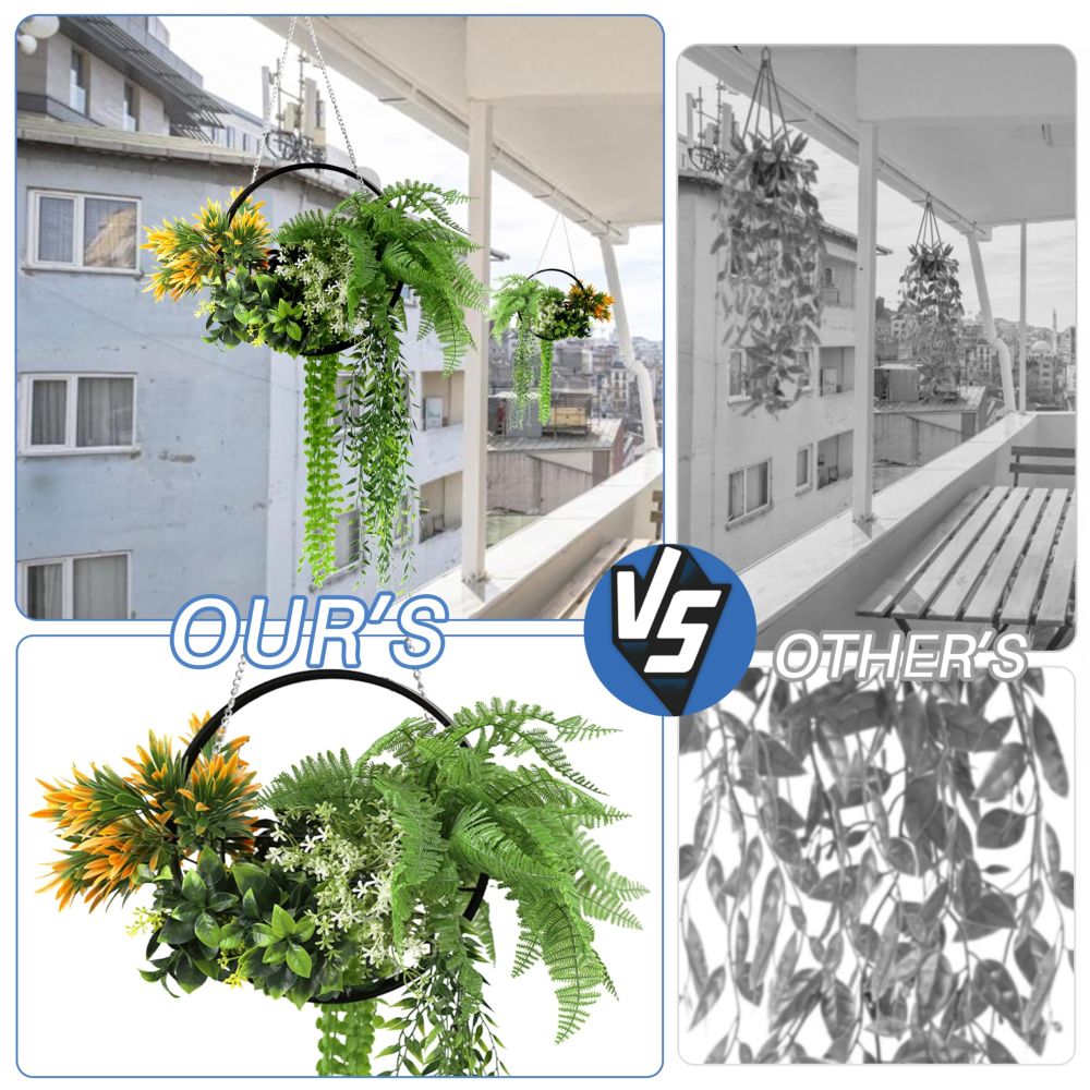 ECOOPTS 1 PC Artificial Hanging Plants with Black Frame Faux Plants with S-Shaped Hooks for Indoor Outdoor Garden Home Bathroom Living Room Wall Decor (Green Orange)