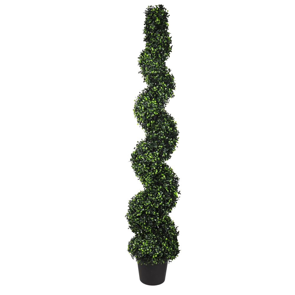ECOOPTS 5FT Artificial Boxwood Spiral Topiary Trees Spiral Plants Faux Plant with Plastic Nursery Pot for Garden Indoor Outdoor Decor (1 Pack)