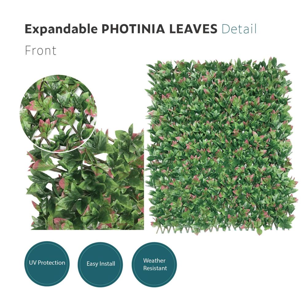 Expandable Artificial Photinia Leaf Faux Ivy Privacy Fence Screen, Stretchable Decorative Fencing Panel for Balcony Patio Outdoor (Single Sided Leaves)