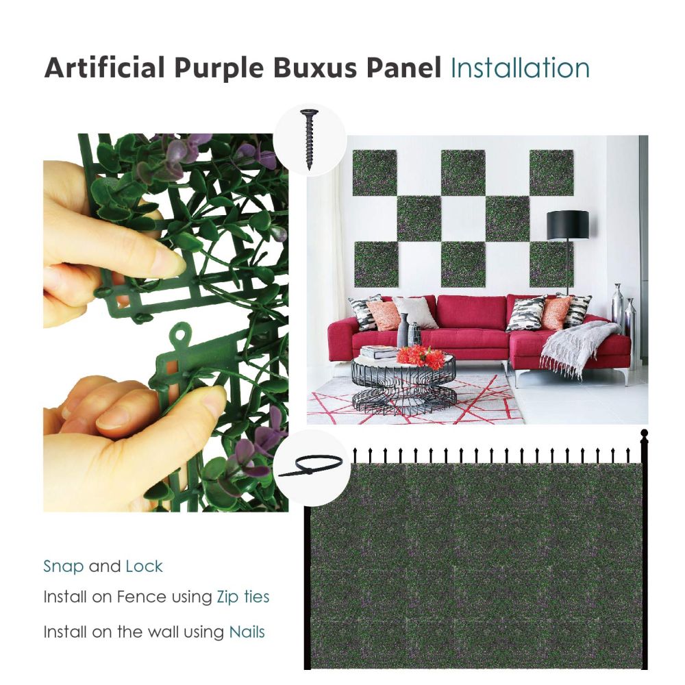 20 x 20 inch Artificial Boxwood Panels Hedge Wall Panels Faux Greenery Fence Screen Decoration for Home Backyard Garden Indoor Outdoor Wall, Purple Peanut Leaves