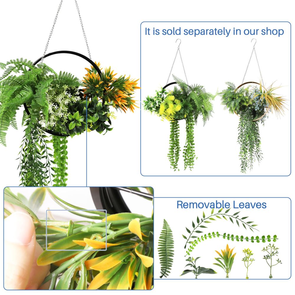 ECOOPTS 1 PC Artificial Hanging Plants with Black Frame Faux Plants with S-Shaped Hooks for Indoor Outdoor Garden Home Bathroom Living Room Wall Decor (Green Orange)