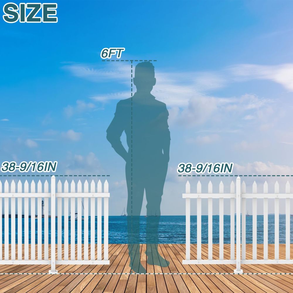 ECOOPTS 1 Set W84 x H36 Vinyl Picket Fence Panels White Decorative Fence for Garden Patio Yard Pool Walkways Suit for Concrete Ground (20 Pickets, Straight)