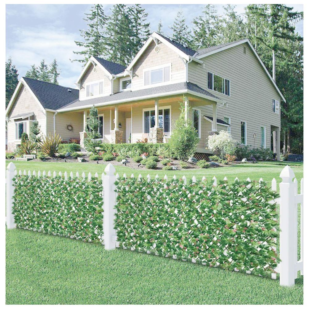 Expandable Artificial Photinia Leaf Faux Ivy Privacy Fence Screen, Stretchable Decorative Fencing Panel for Balcony Patio Outdoor (Single Sided Leaves)