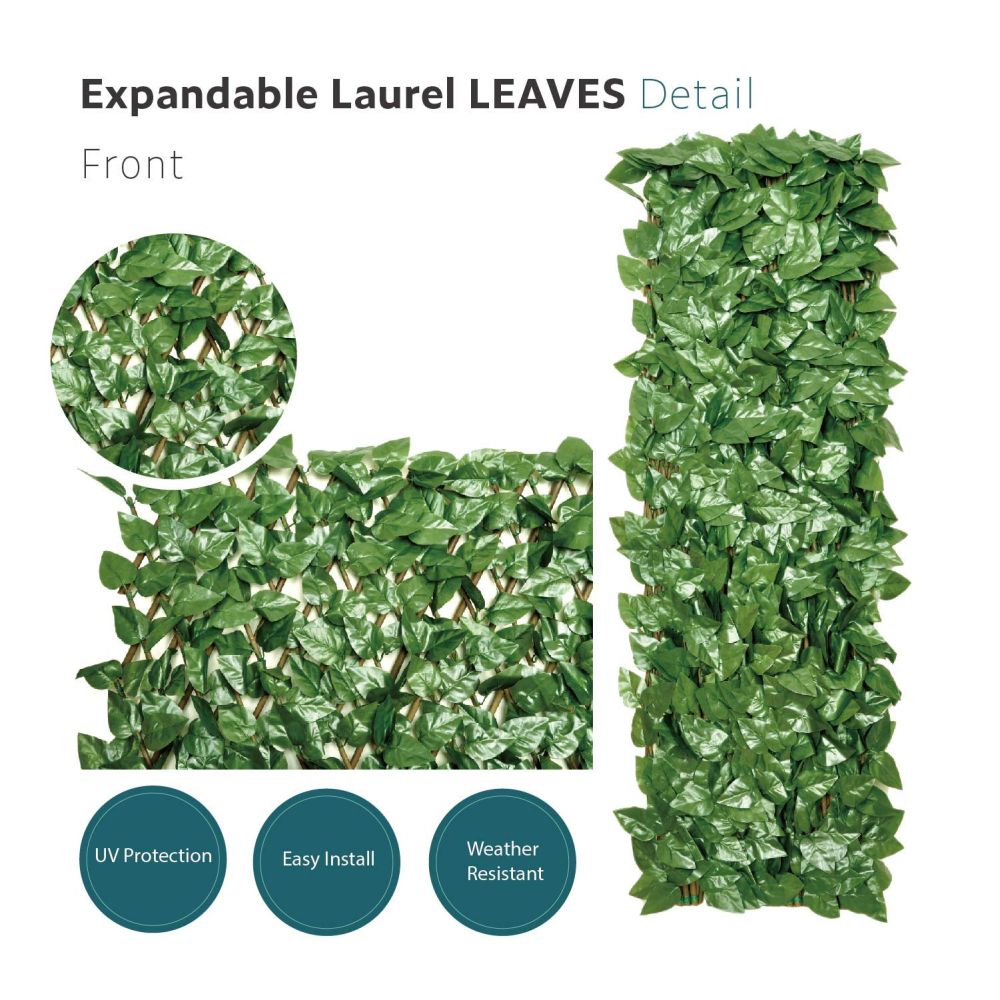 Expandable Artificial Laurel Leaf Privacy Fence Screen, Stretchable Decorative Fencing Panel for Balcony Patio Outdoor (Single Sided Leaves)