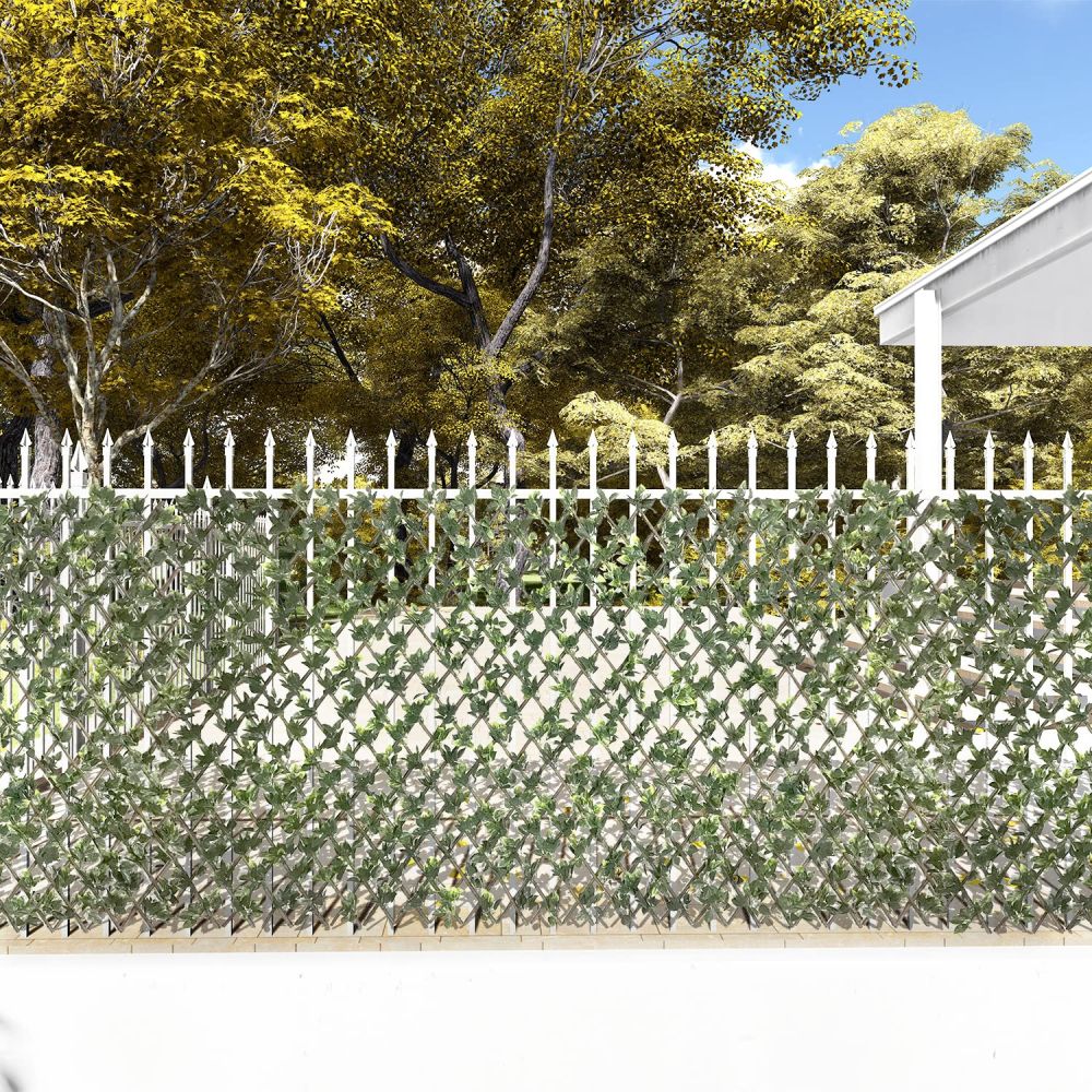 Expandable Artificial Rose Leaf Faux Ivy Privacy Fence Screen, Stretchable Decorative Fencing Panel for Balcony Patio Outdoor (Single Sided Leaves)