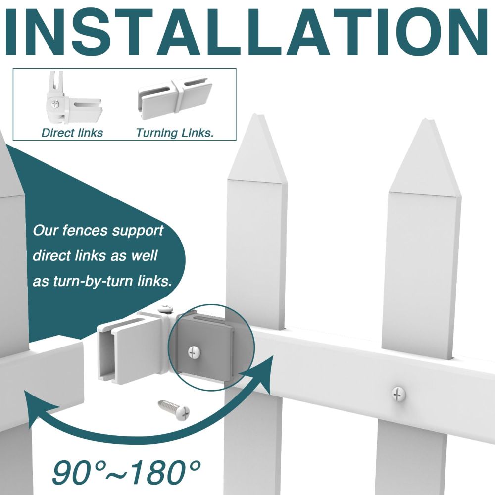 ECOOPTS 1 Set W84 x H30 Vinyl Picket Fence Panels White Decorative Fence for Garden Patio Yard Pool Walkways Suit for Concrete Ground (34 Pickets, Straight)