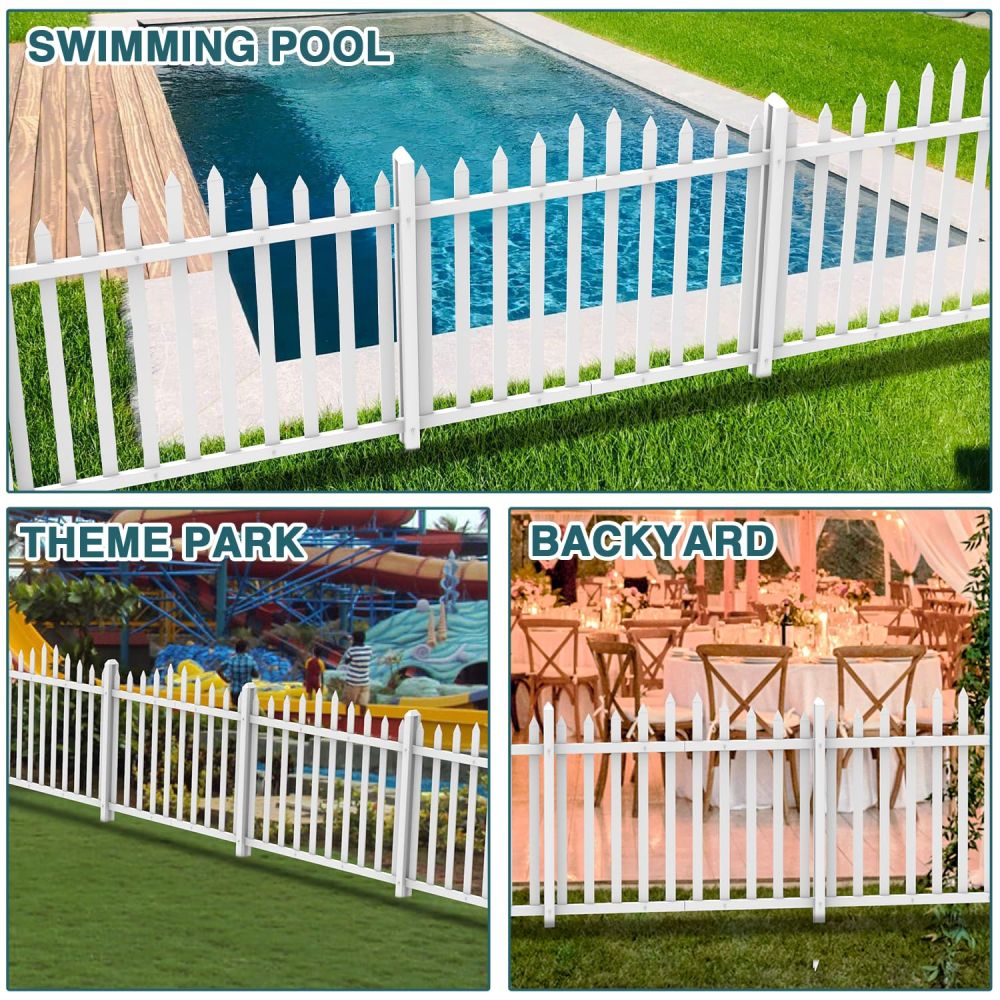 ECOOPTS 1 Set W84 x H36 Vinyl Picket Fence Panels White Decorative Fence for Garden Patio Yard Pool Walkways Suit for Soft Ground (20 Pickets, Curved)