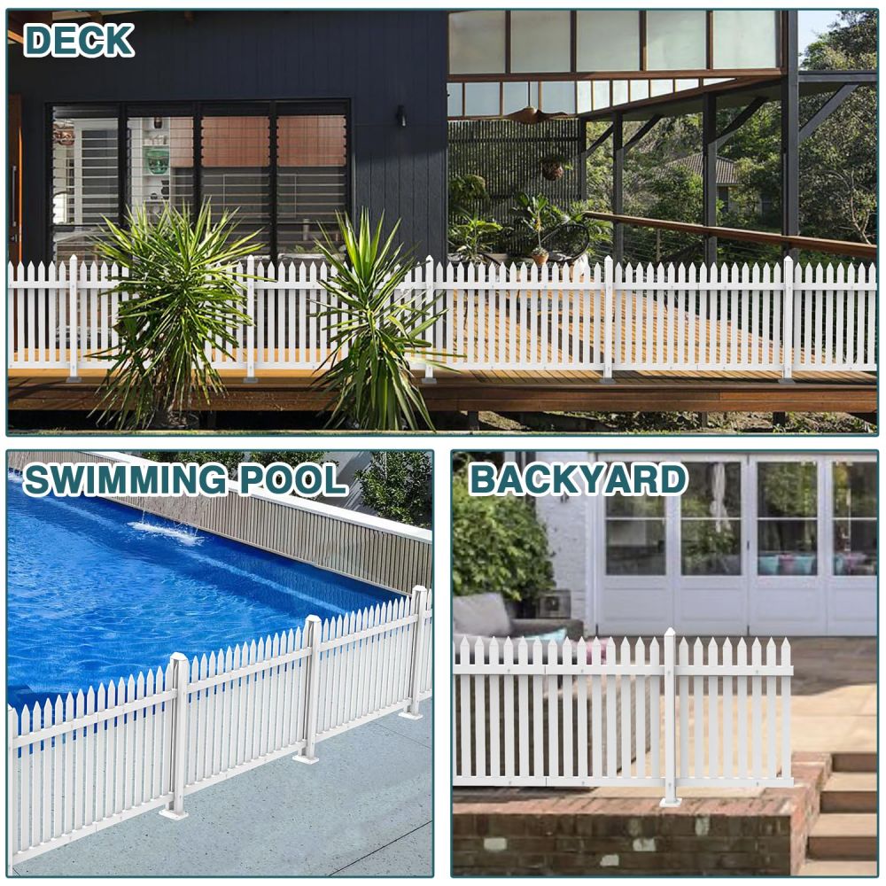 ECOOPTS 1 Set W84 x H30 Vinyl Picket Fence Panels White Decorative Fence for Garden Patio Yard Pool Walkways Suit for Concrete Ground (34 Pickets, Straight)