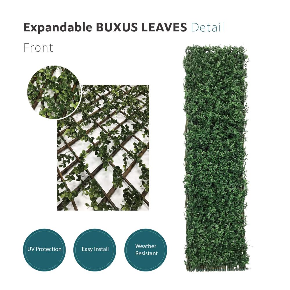 Stretchable Artificial Buxus Leaf Faux Ivy Privacy Fence Screen, Expandable Decorative Fencing Panel for Balcony Patio Outdoor (Single Sided Buxus Leaves)