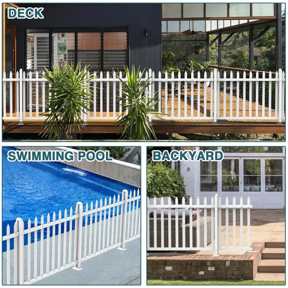 ECOOPTS 1 Set W84 x H36 Vinyl Picket Fence Panels White Decorative Fence for Garden Patio Yard Pool Walkways Suit for Concrete Ground (20 Pickets, Straight)