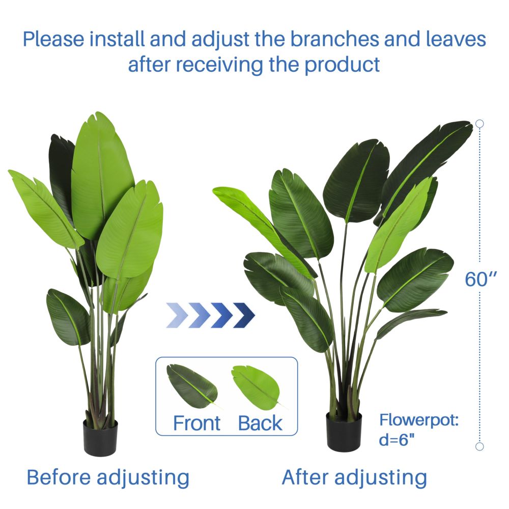 ECOOPTS 5FT Artificial Bird of Paradise Tree Fake Palm Trees with Plastic Nursery Pot Fake Silk Banana Tree for Indoor Outdoor (1 Pack)