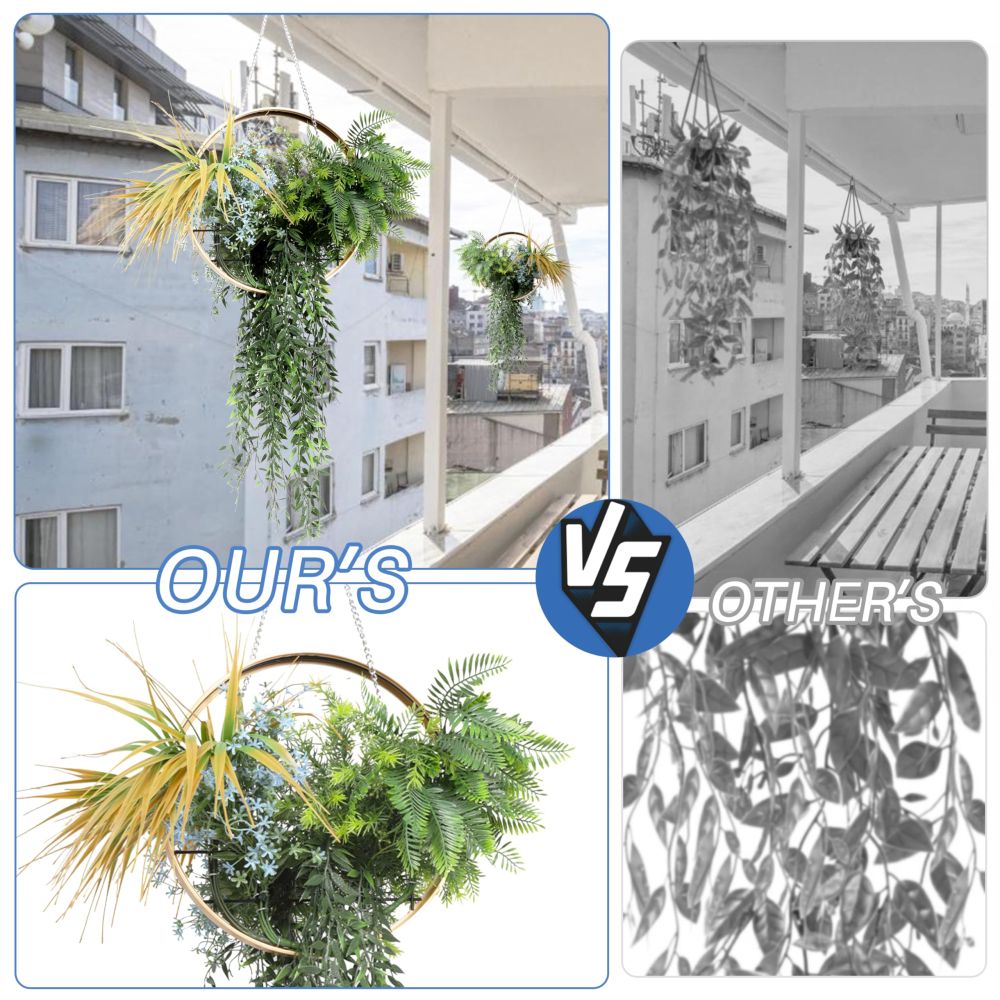 ECOOPTS 1 PC Artificial Hanging Plants with Gold Frame Faux Plants with S-Shaped Hooks for Indoor Outdoor Garden Home Bathroom Living Room Wall Decor (Green Blue)