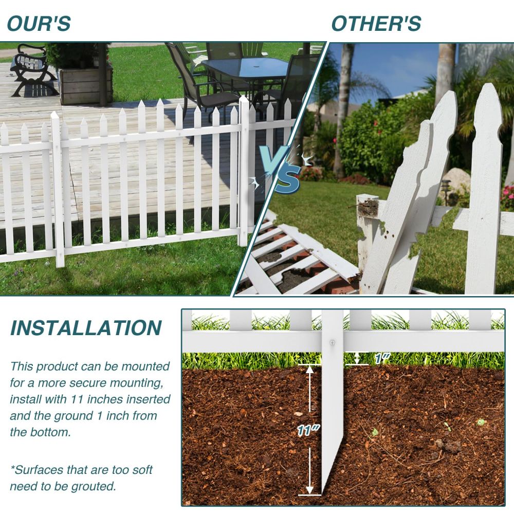 ECOOPTS 1 Set W84 x H36 Vinyl Picket Fence Panels White Decorative Fence for Garden Patio Yard Pool Walkways Suit for Soft Ground (20 Pickets, Curved)