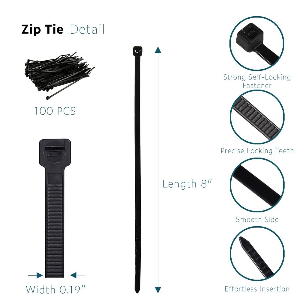 8 inch Black Heavy Duty Zip Ties (100 Pack) 50lbs Tensile Strength, Nylon Cable Wire Ties for Indoor and Outdoor, Artificial Faux Ivy Fence Privacy Screen