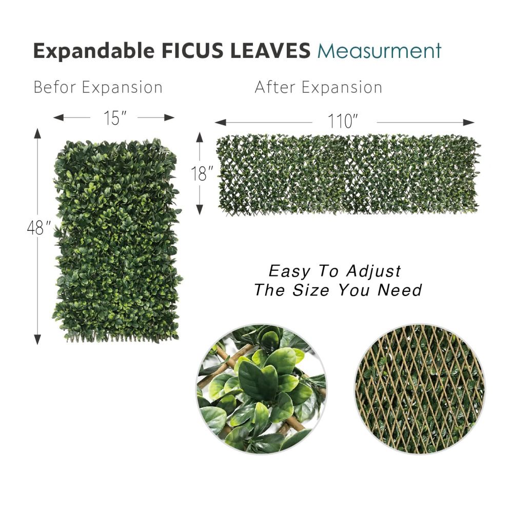 Stretchable Artificial Buxus Leaf Faux Ivy Privacy Fence Screen, Expandable Decorative Fencing Panel for Balcony Patio Outdoor (Single Sided Ficus Leaves)