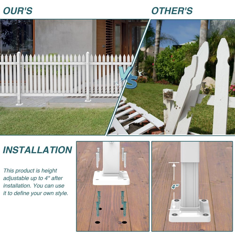 ECOOPTS 1 Set W84 x H30 Vinyl Picket Fence Panels White Decorative Fence for Garden Patio Yard Pool Walkways Suit for Concrete Ground (34 Pickets, Straight)