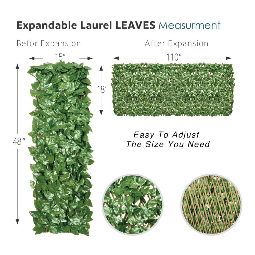 Expandable Artificial Laurel Leaf Privacy Fence Screen, Stretchable Decorative Fencing Panel for Balcony Patio Outdoor (Single Sided Leaves)