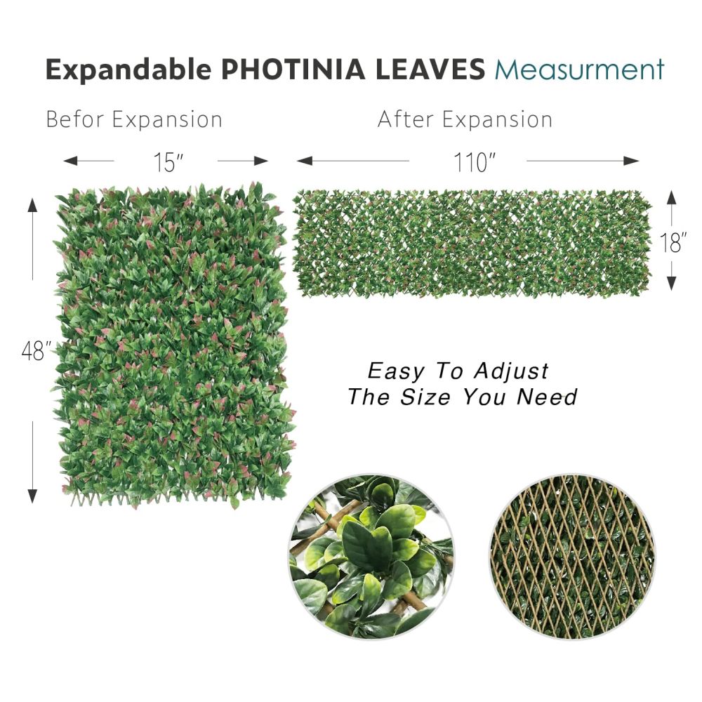 Expandable Artificial Photinia Leaf Faux Ivy Privacy Fence Screen, Stretchable Decorative Fencing Panel for Balcony Patio Outdoor (Single Sided Leaves)