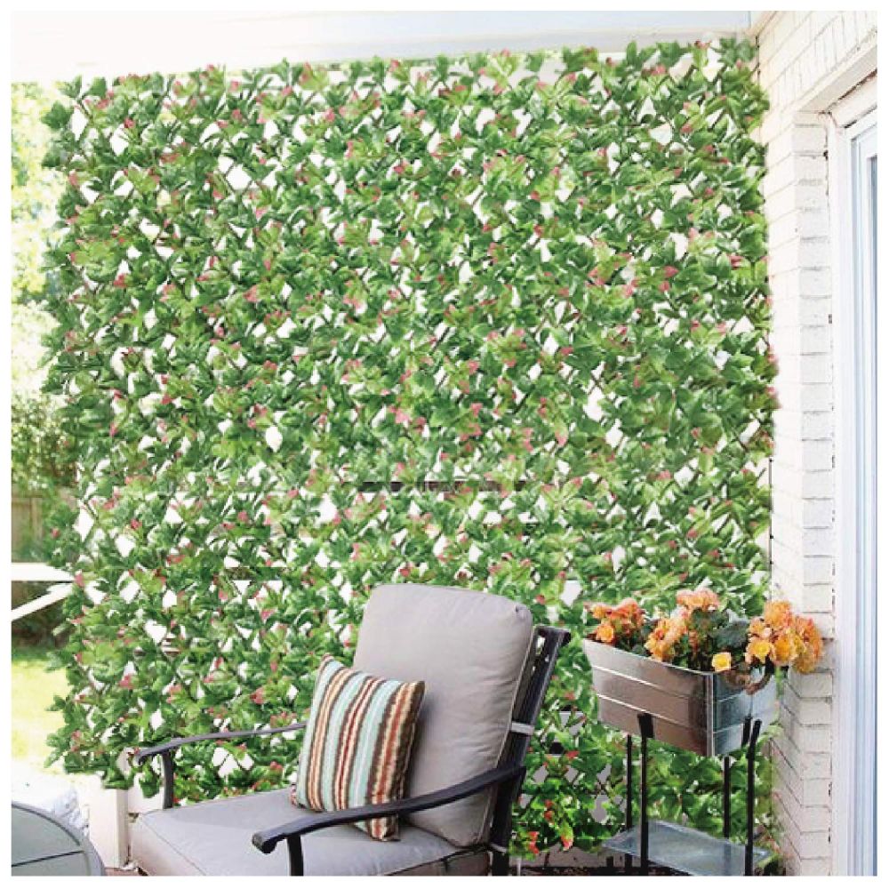 Expandable Artificial Photinia Leaf Faux Ivy Privacy Fence Screen, Stretchable Decorative Fencing Panel for Balcony Patio Outdoor (Single Sided Leaves)